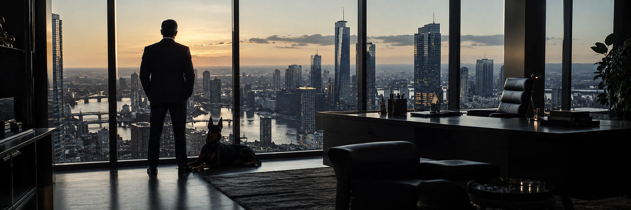 Führungskraft blickt vom Büro über die Skyline der Stadt, ein Dobermann ruht an ihrer Seite