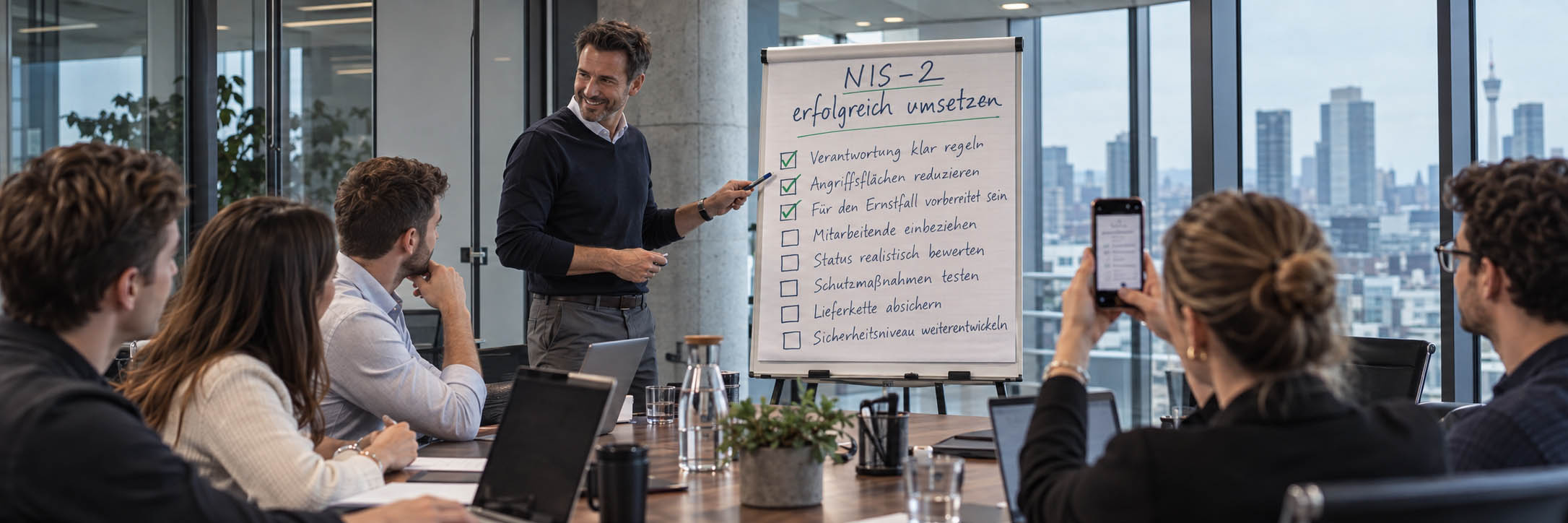 Team im Besprechungsraum vor einem Flipchart „NIS-2 erfolgreich umsetzen“ mit abgehakter Maßnahmen-Checkliste