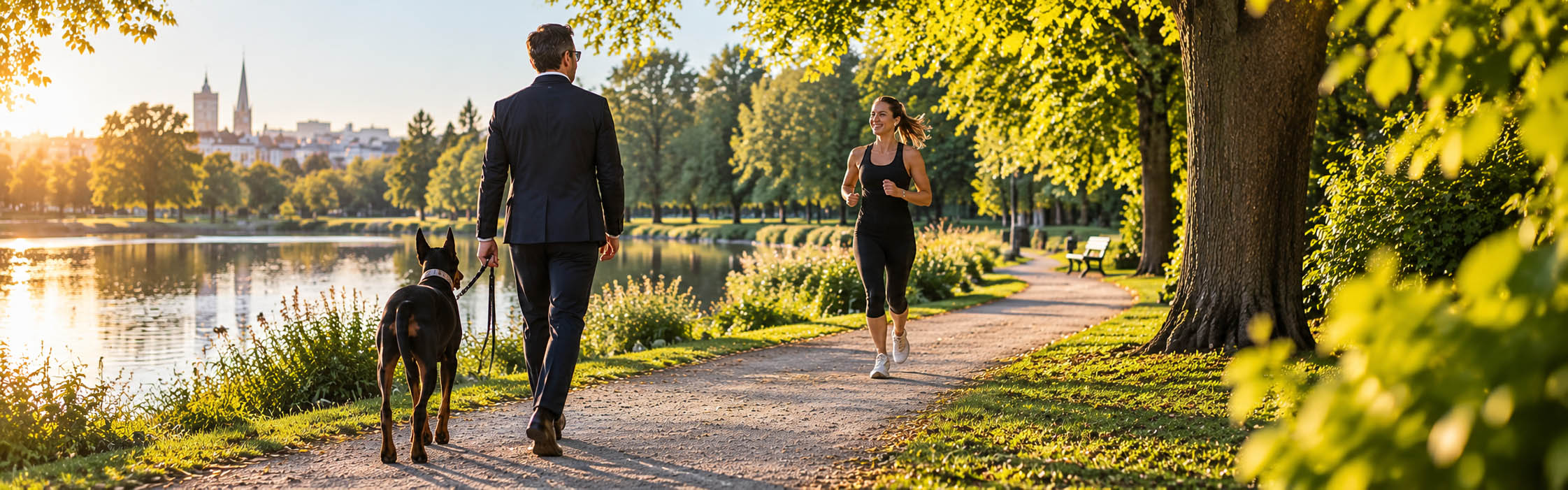 Person im Anzug mit Dobermann und eine Joggerin auf einem Weg am Wasser im morgendlichen Grün